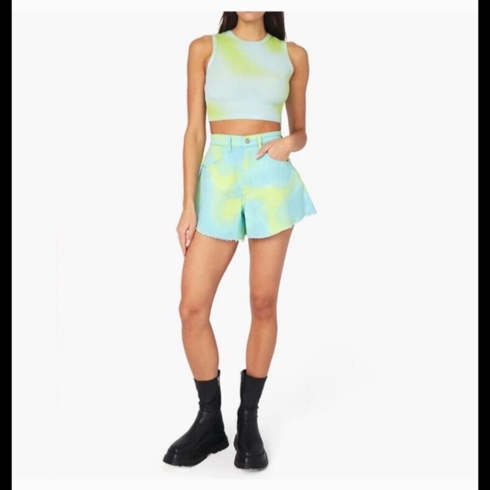 WeWoreWhat Flare Bell Shorts Twill Denim Frayed Hem Tie Dye Green/Blue Size 28